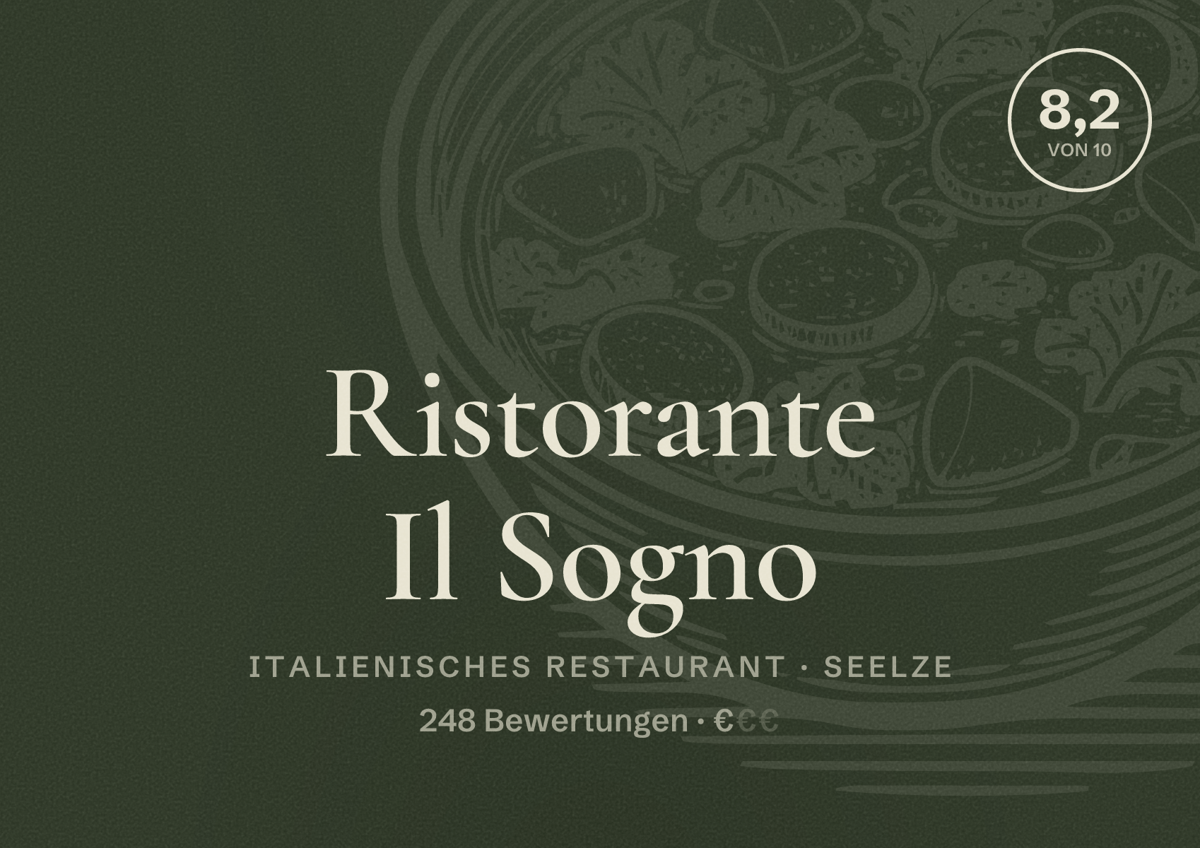 Illustriertes Poster von Ristorante Il Sogno, Italienisches Restaurant in Seelze: Bewertung 8,2 von 10 aus 248 Bewertungen, Preisniveau €