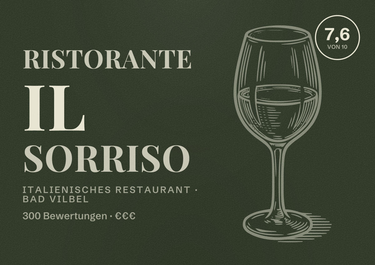 Illustriertes Poster von Ristorante il Sorriso, Italienisches Restaurant in Bad Vilbel: Bewertung 7,6 von 10 aus 300 Bewertungen, Preisniveau €€€
