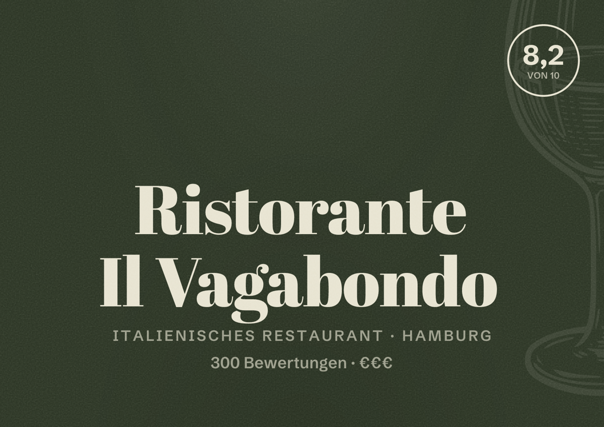 Illustriertes Poster von Ristorante Il Vagabondo, Italienisches Restaurant in Hamburg: Bewertung 8,2 von 10 aus 300 Bewertungen, Preisniveau €€€