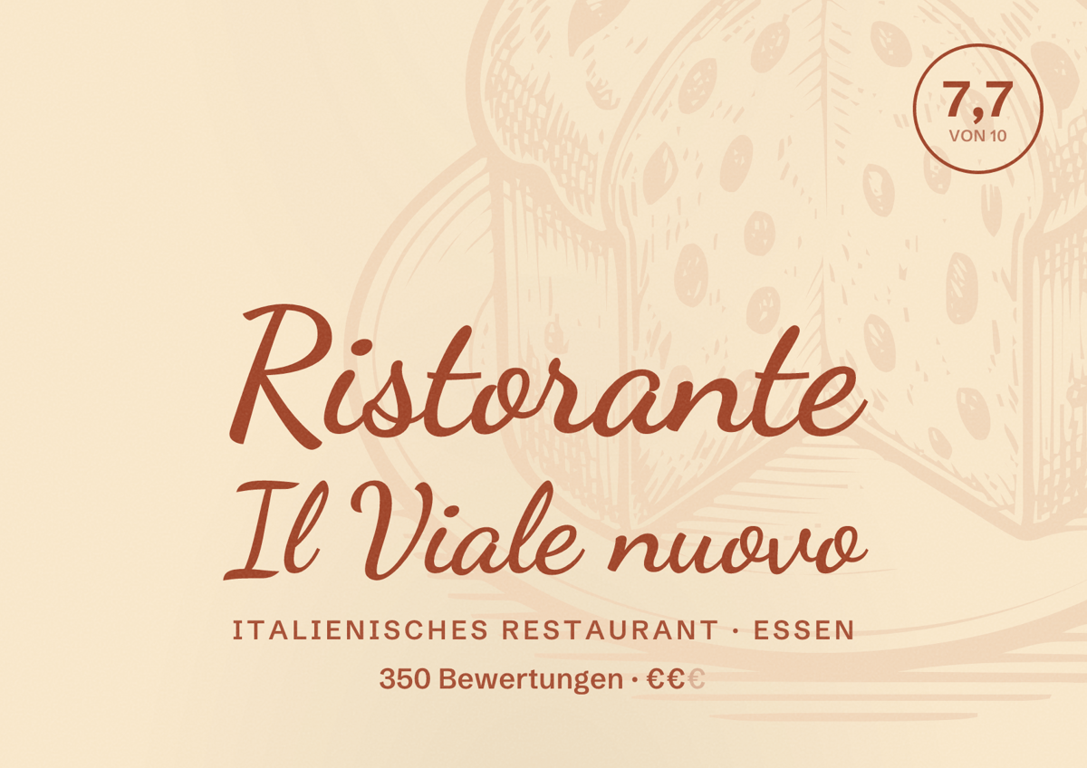 Illustriertes Poster von Ristorante Il Viale nuovo, Italienisches Restaurant in Essen: Bewertung 7,7 von 10 aus 350 Bewertungen, Preisniveau €€