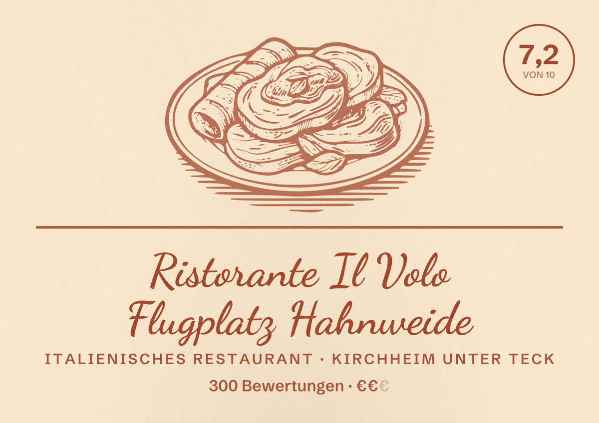 Illustriertes Poster von Ristorante Il Volo Flugplatz Hahnweide, Italienisches Restaurant in Kirchheim unter Teck: Bewertung 7,2 von 10 aus 300 Bewertungen, Preisniveau €€