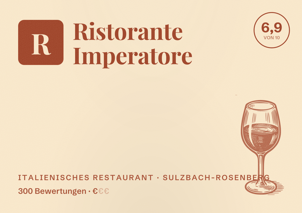 Illustriertes Poster von Ristorante Imperatore, Italienisches Restaurant in Sulzbach-Rosenberg: Bewertung 6,9 von 10 aus 300 Bewertungen, Preisniveau €