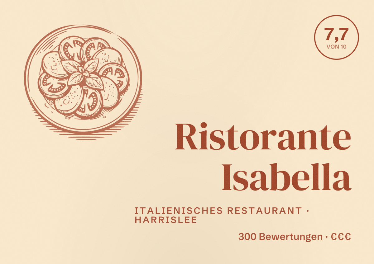 Illustriertes Poster von Ristorante Isabella, Italienisches Restaurant in Harrislee: Bewertung 7,7 von 10 aus 300 Bewertungen, Preisniveau €€€