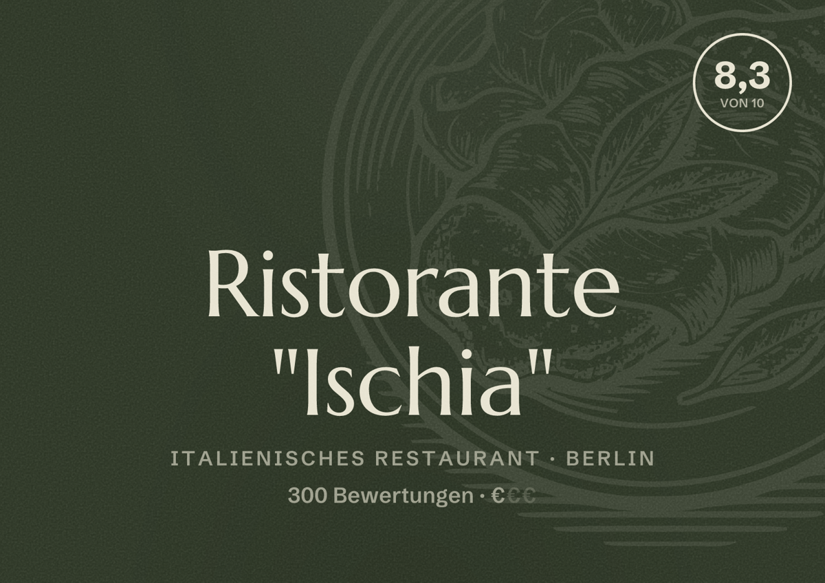 Illustriertes Poster von Ristorante "Ischia", Italienisches Restaurant in Berlin: Bewertung 8,3 von 10 aus 300 Bewertungen, Preisniveau €