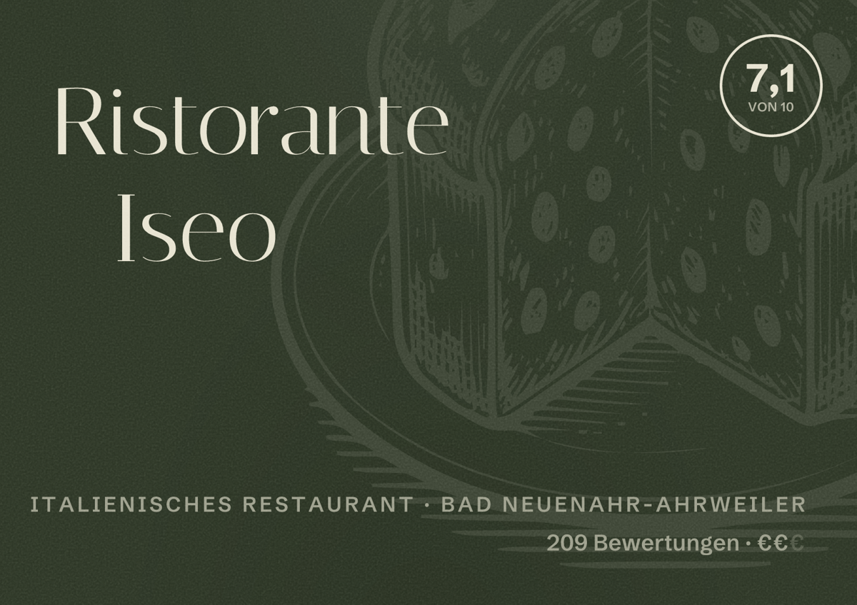Illustriertes Poster von Ristorante Iseo, Italienisches Restaurant in Bad Neuenahr-Ahrweiler: Bewertung 7,1 von 10 aus 209 Bewertungen, Preisniveau €€