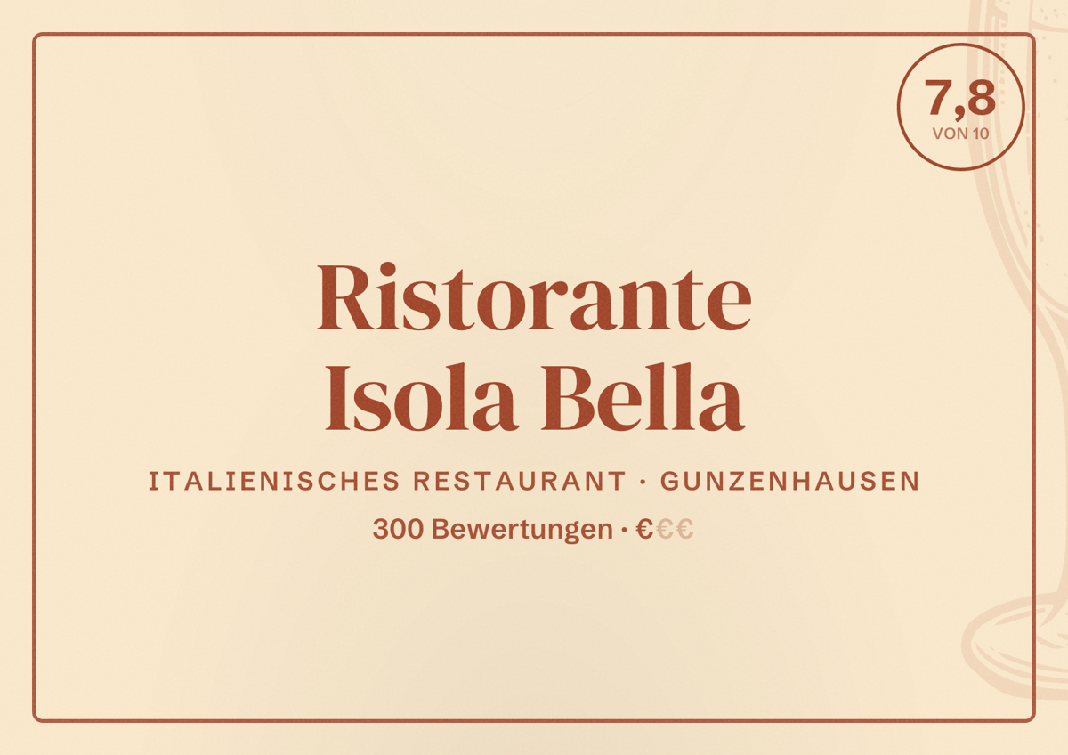 Illustriertes Poster von Ristorante Isola Bella, Italienisches Restaurant in Gunzenhausen: Bewertung 7,8 von 10 aus 300 Bewertungen, Preisniveau €