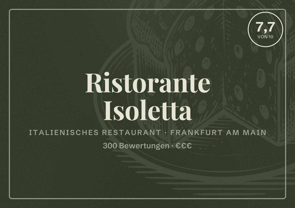 Illustriertes Poster von Ristorante Isoletta, Italienisches Restaurant in Frankfurt am Main: Bewertung 7,7 von 10 aus 300 Bewertungen, Preisniveau €€€