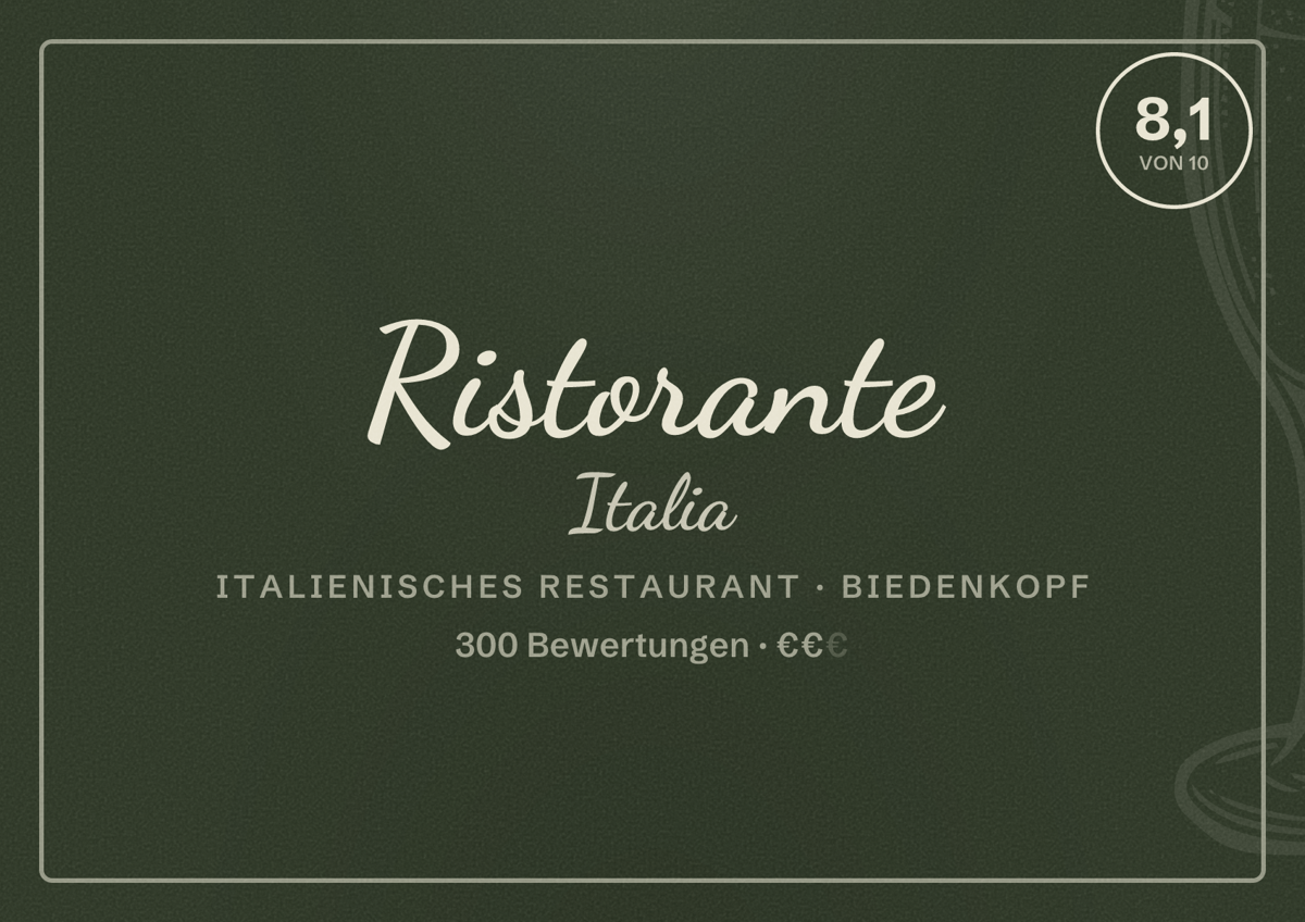Illustriertes Poster von Ristorante Italia, Italienisches Restaurant in Biedenkopf: Bewertung 8,1 von 10 aus 300 Bewertungen, Preisniveau €€