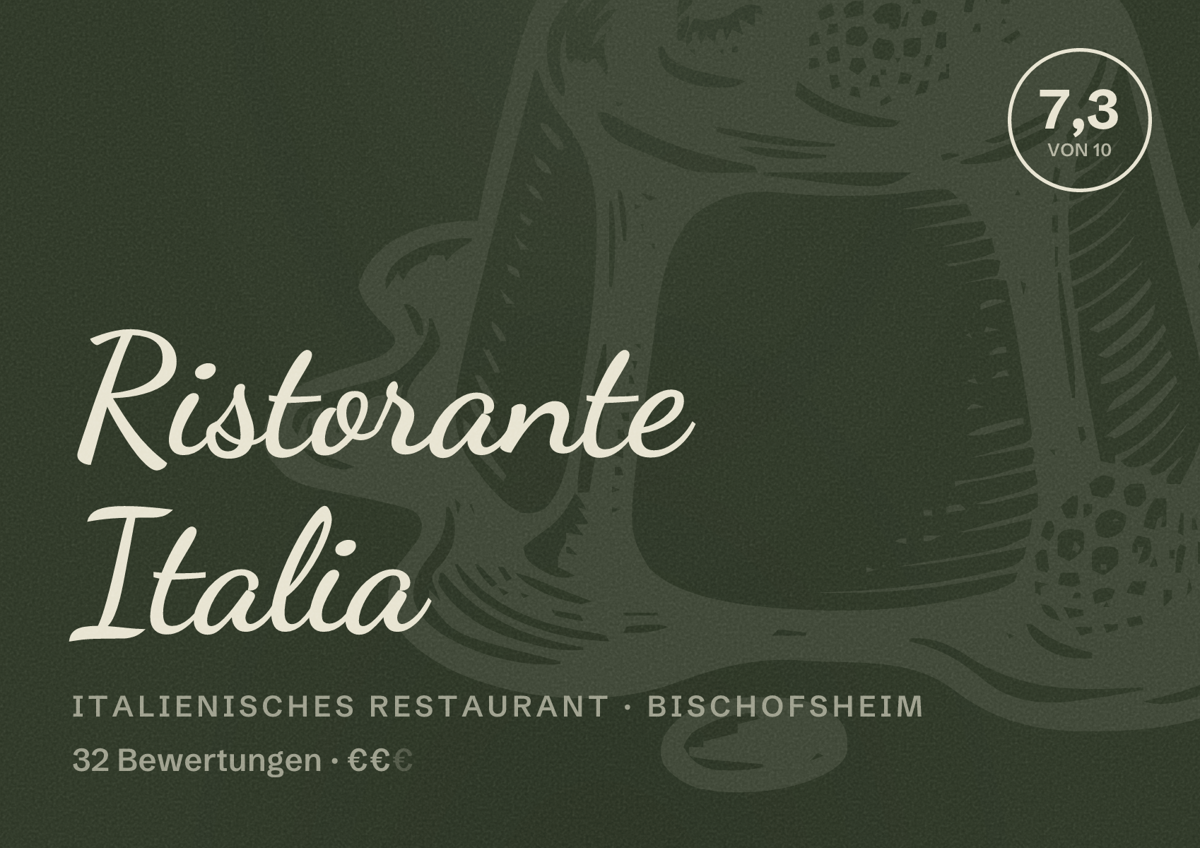 Illustriertes Poster von Ristorante Italia, Italienisches Restaurant in Bischofsheim: Bewertung 7,3 von 10 aus 32 Bewertungen, Preisniveau €€