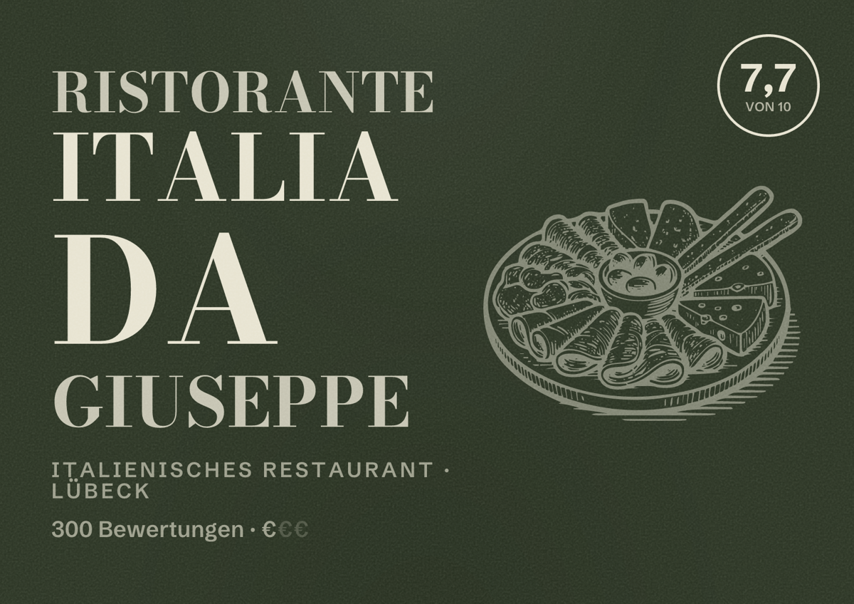 Illustriertes Poster von Ristorante Italia da Giuseppe, Italienisches Restaurant in Lübeck: Bewertung 7,7 von 10 aus 300 Bewertungen, Preisniveau €