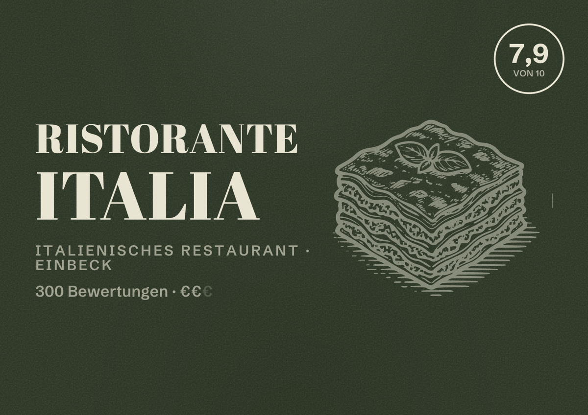Illustriertes Poster von Ristorante Italia, Italienisches Restaurant in Einbeck: Bewertung 7,9 von 10 aus 300 Bewertungen, Preisniveau €€