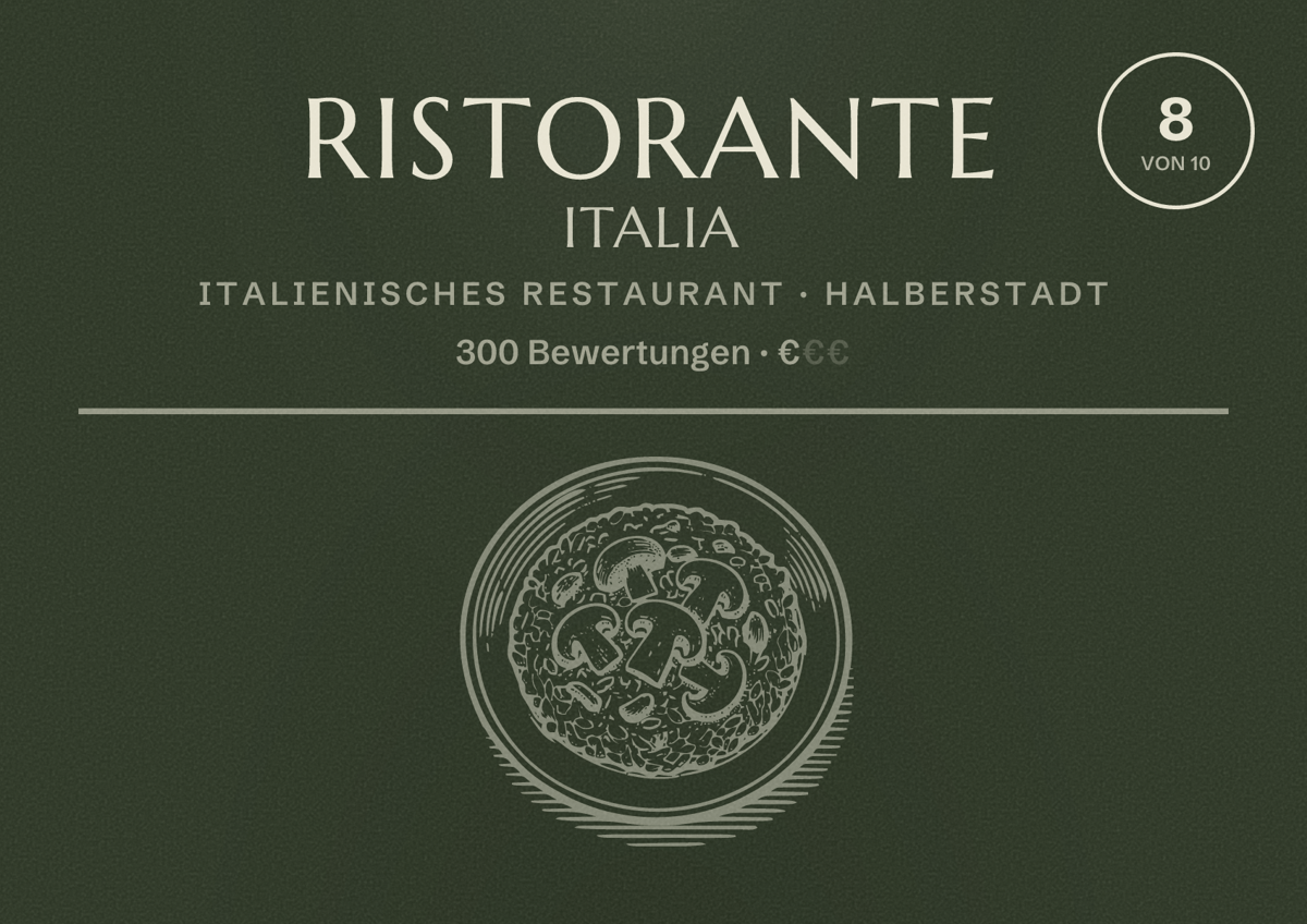 Illustriertes Poster von Ristorante ITALIA, Italienisches Restaurant in Halberstadt: Bewertung 8 von 10 aus 300 Bewertungen, Preisniveau €