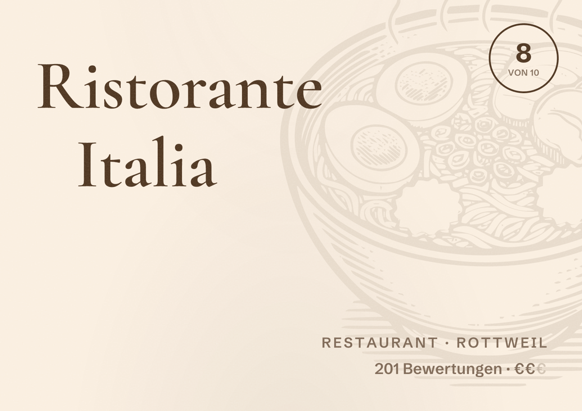 Illustriertes Poster von Ristorante Italia, Restaurant in Rottweil: Bewertung 8 von 10 aus 201 Bewertungen, Preisniveau €€