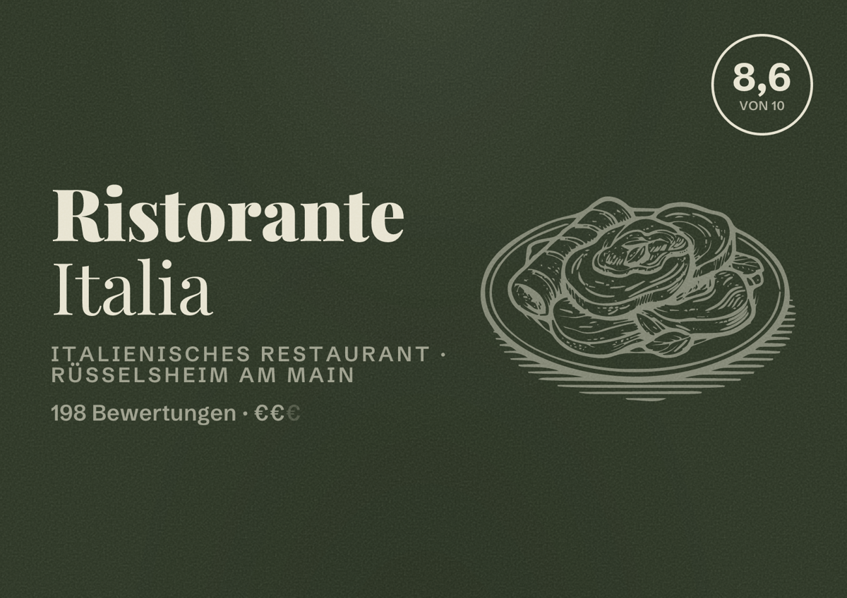Illustriertes Poster von Ristorante Italia, Italienisches Restaurant in Rüsselsheim am Main: Bewertung 8,6 von 10 aus 198 Bewertungen, Preisniveau €€