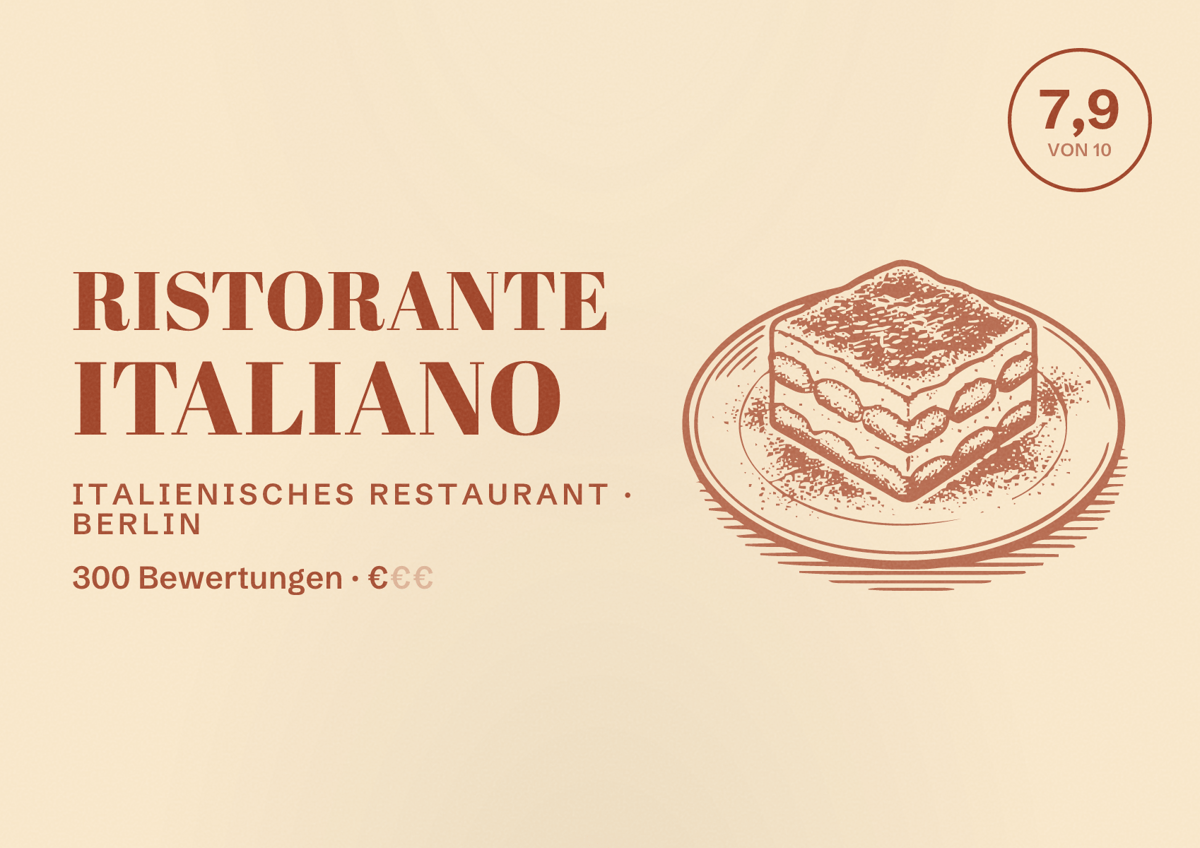 Illustriertes Poster von Ristorante Italiano, Italienisches Restaurant in Berlin: Bewertung 7,9 von 10 aus 300 Bewertungen, Preisniveau €