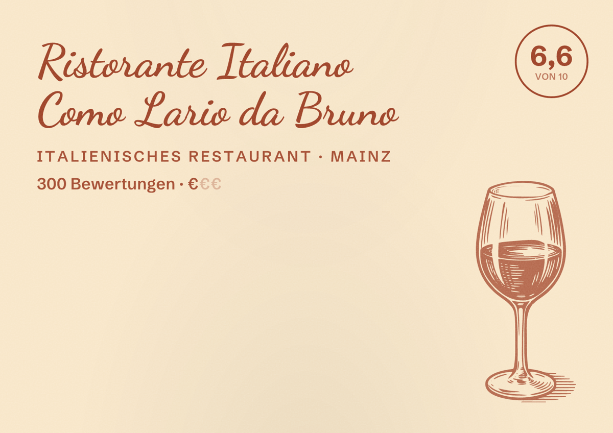 Illustriertes Poster von Ristorante Italiano Como Lario da Bruno, Italienisches Restaurant in Mainz: Bewertung 6,6 von 10 aus 300 Bewertungen, Preisniveau €