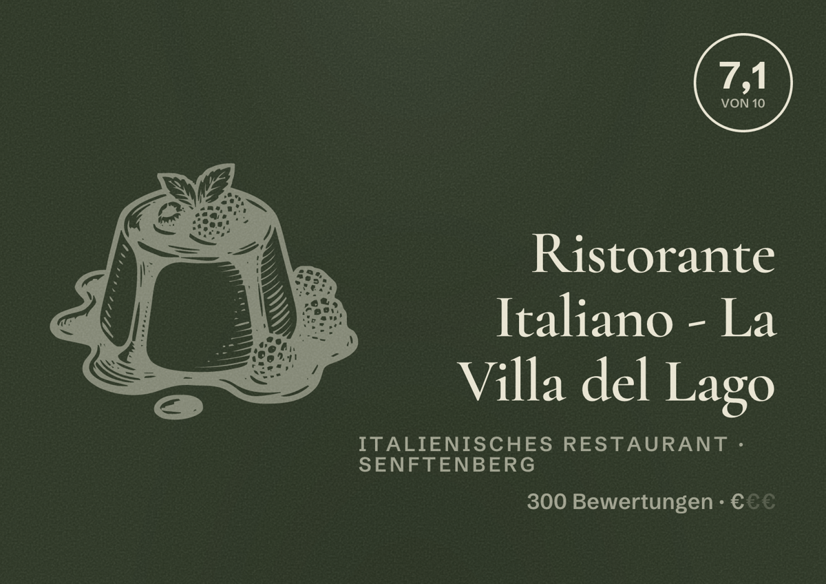 Illustriertes Poster von Ristorante Italiano - La Villa del Lago, Italienisches Restaurant in Senftenberg: Bewertung 7,1 von 10 aus 300 Bewertungen, Preisniveau €
