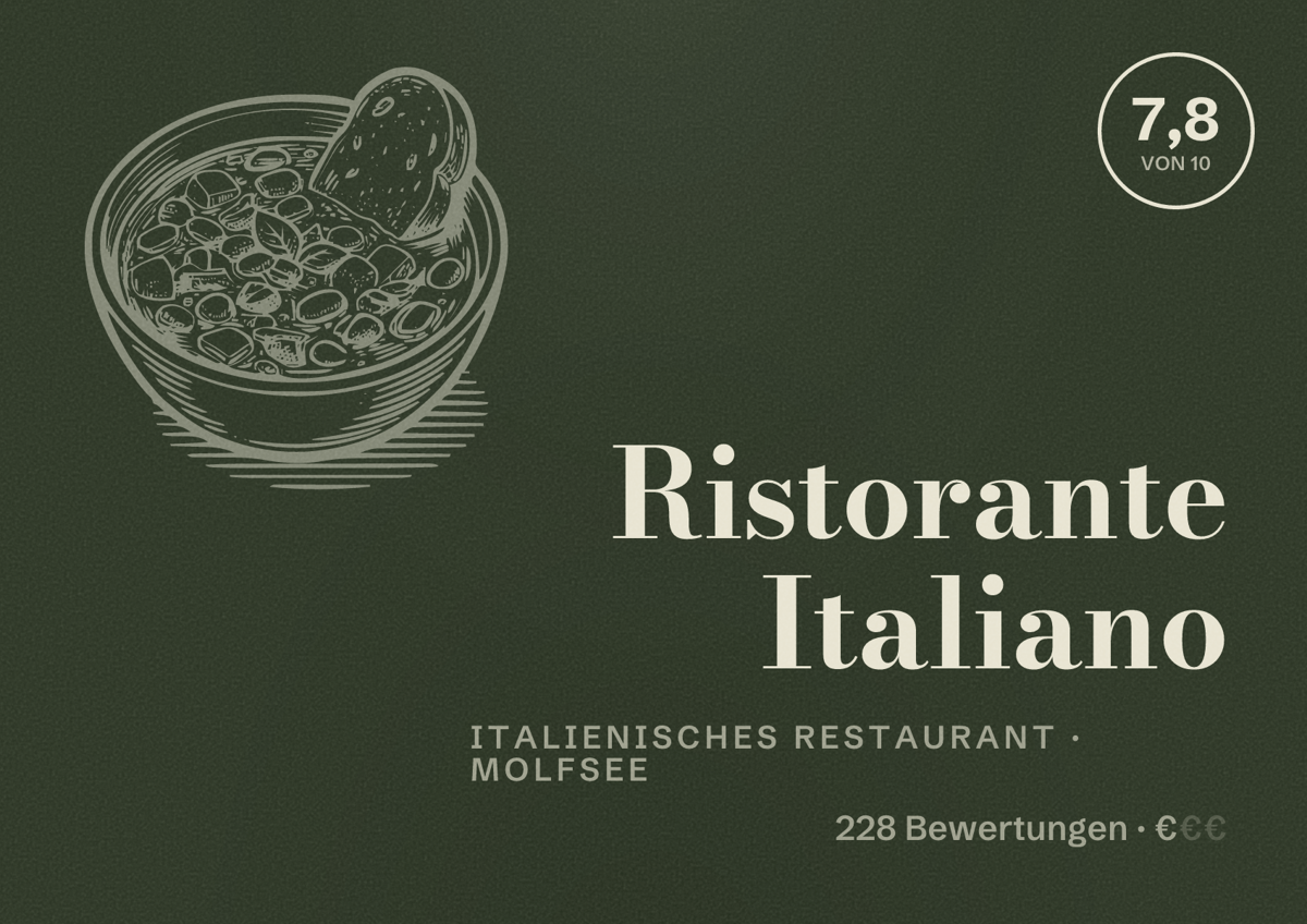 Illustriertes Poster von Ristorante Italiano, Italienisches Restaurant in Molfsee: Bewertung 7,8 von 10 aus 228 Bewertungen, Preisniveau €