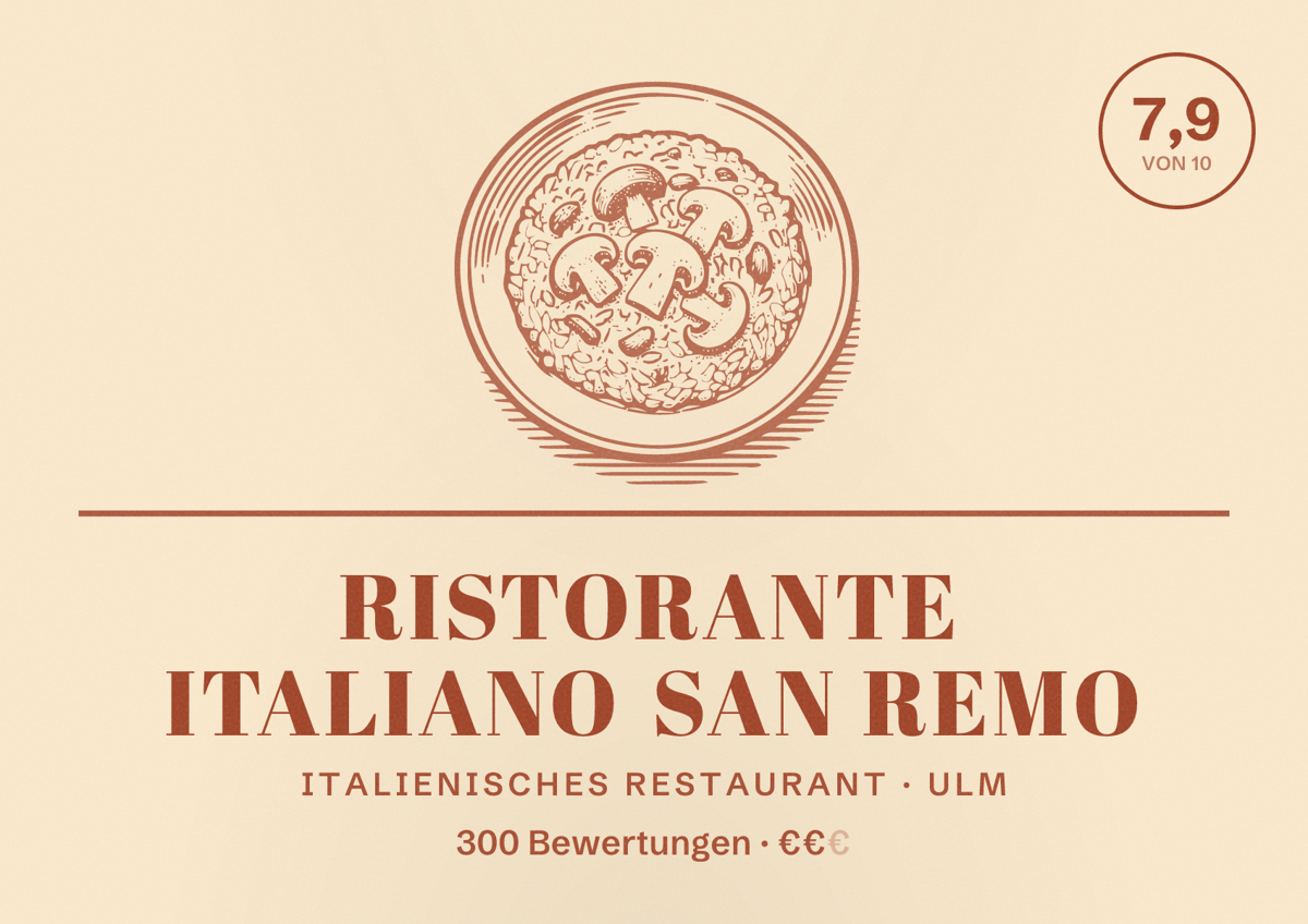 Illustriertes Poster von Ristorante Italiano San Remo, Italienisches Restaurant in Ulm: Bewertung 7,9 von 10 aus 300 Bewertungen, Preisniveau €€