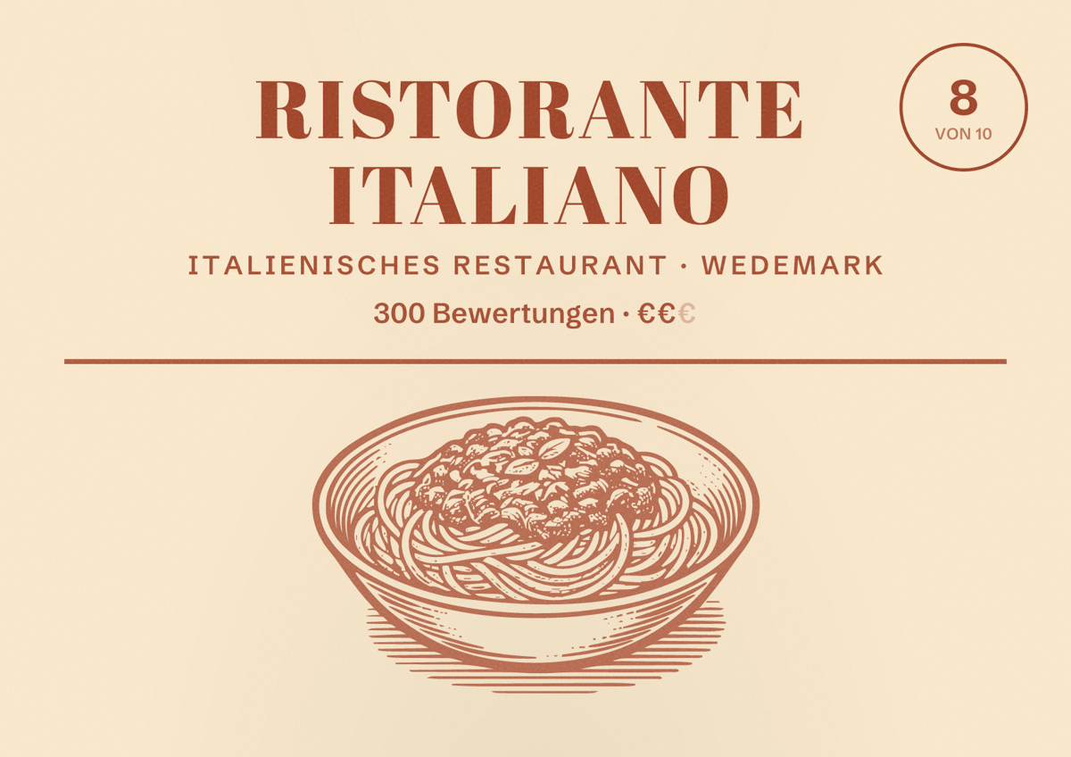Illustriertes Poster von Ristorante Italiano, Italienisches Restaurant in Wedemark: Bewertung 8 von 10 aus 300 Bewertungen, Preisniveau €€