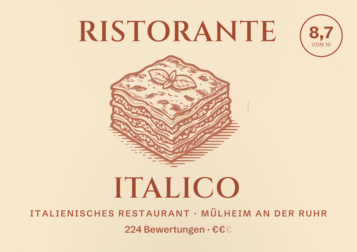 Illustriertes Poster von Ristorante italico, Italienisches Restaurant in Mülheim an der Ruhr: Bewertung 8,7 von 10 aus 224 Bewertungen, Preisniveau €€