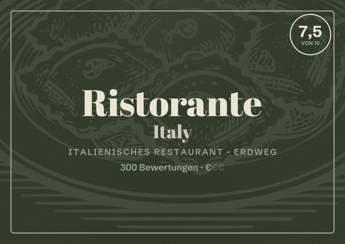 Illustriertes Poster von Ristorante Italy, Italienisches Restaurant in Erdweg: Bewertung 7,5 von 10 aus 300 Bewertungen, Preisniveau €