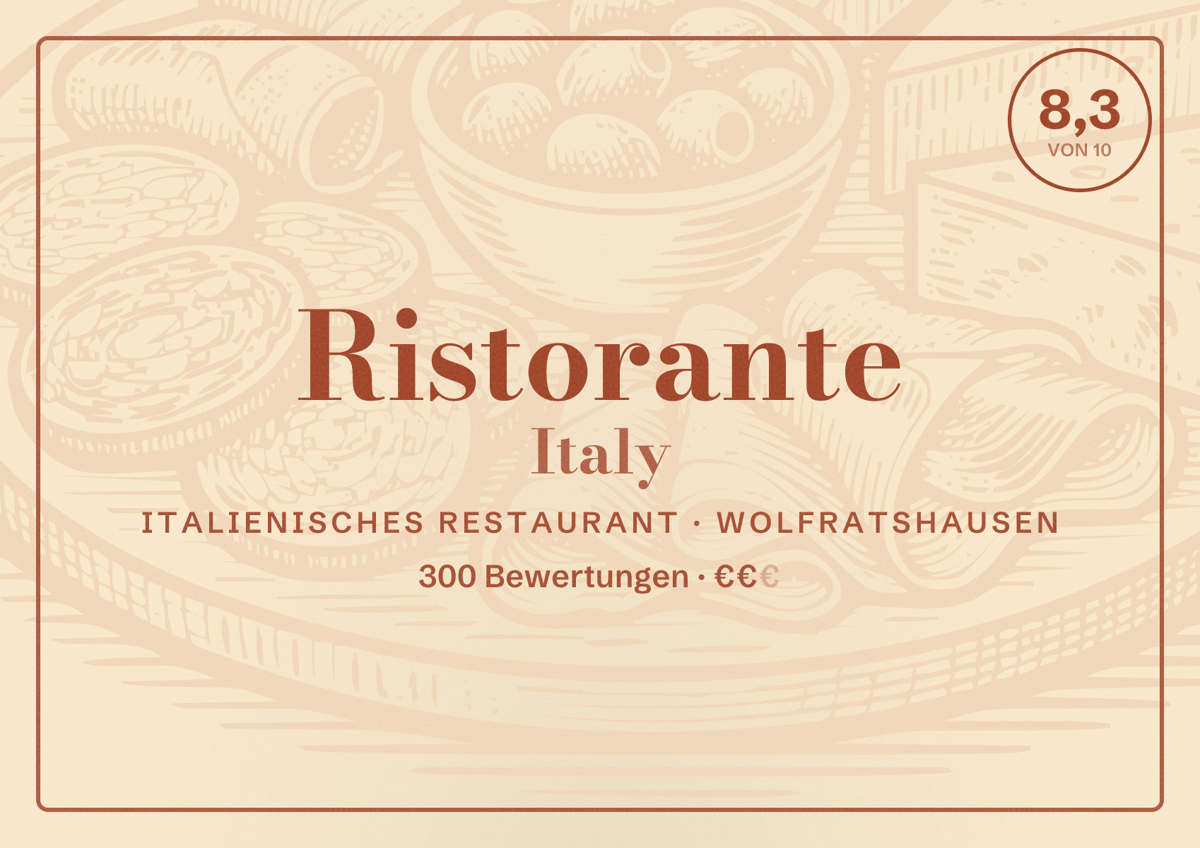 Illustriertes Poster von Ristorante Italy, Italienisches Restaurant in Wolfratshausen: Bewertung 8,3 von 10 aus 300 Bewertungen, Preisniveau €€
