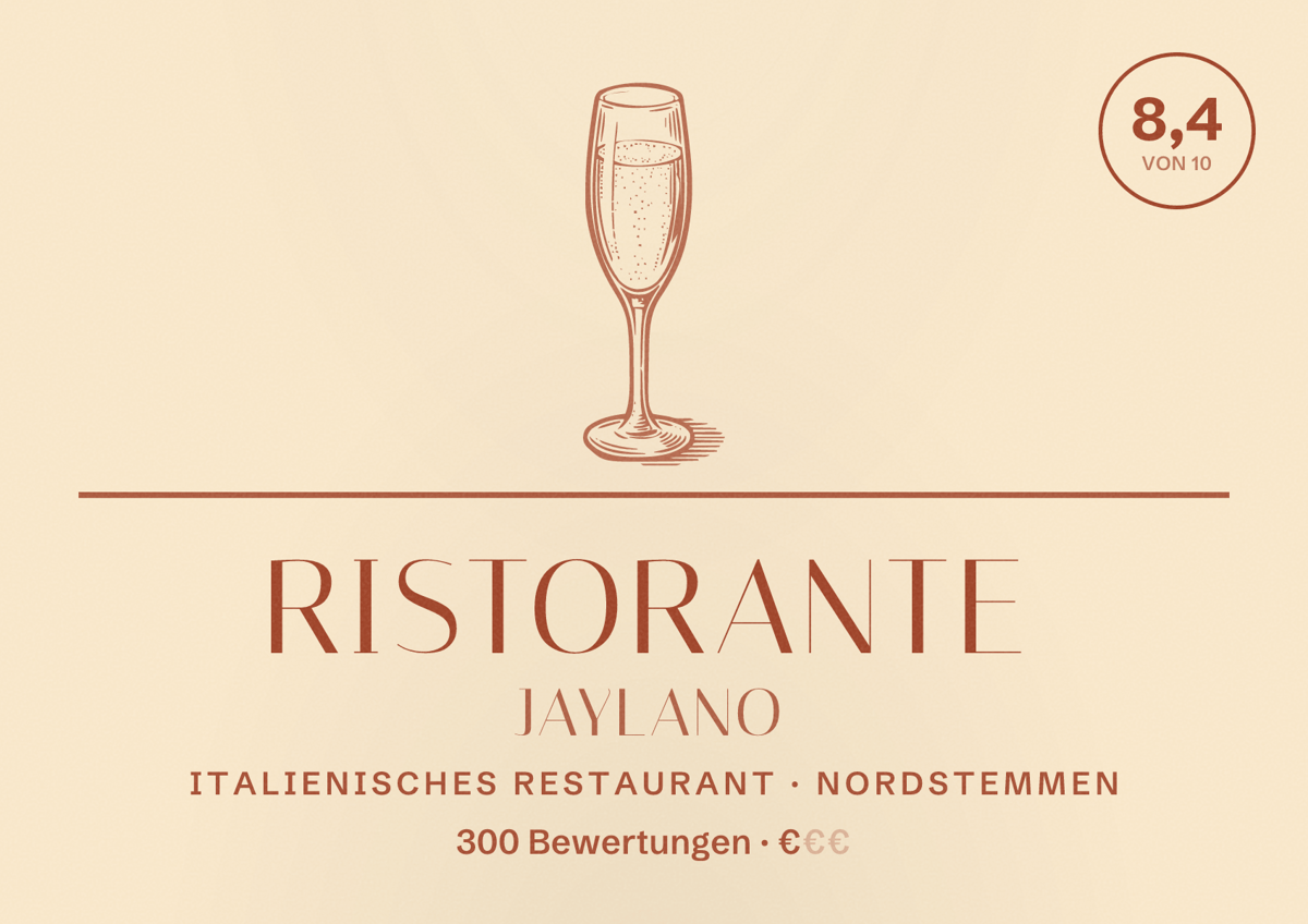 Illustriertes Poster von Ristorante Jaylano, Italienisches Restaurant in Nordstemmen: Bewertung 8,4 von 10 aus 300 Bewertungen, Preisniveau €