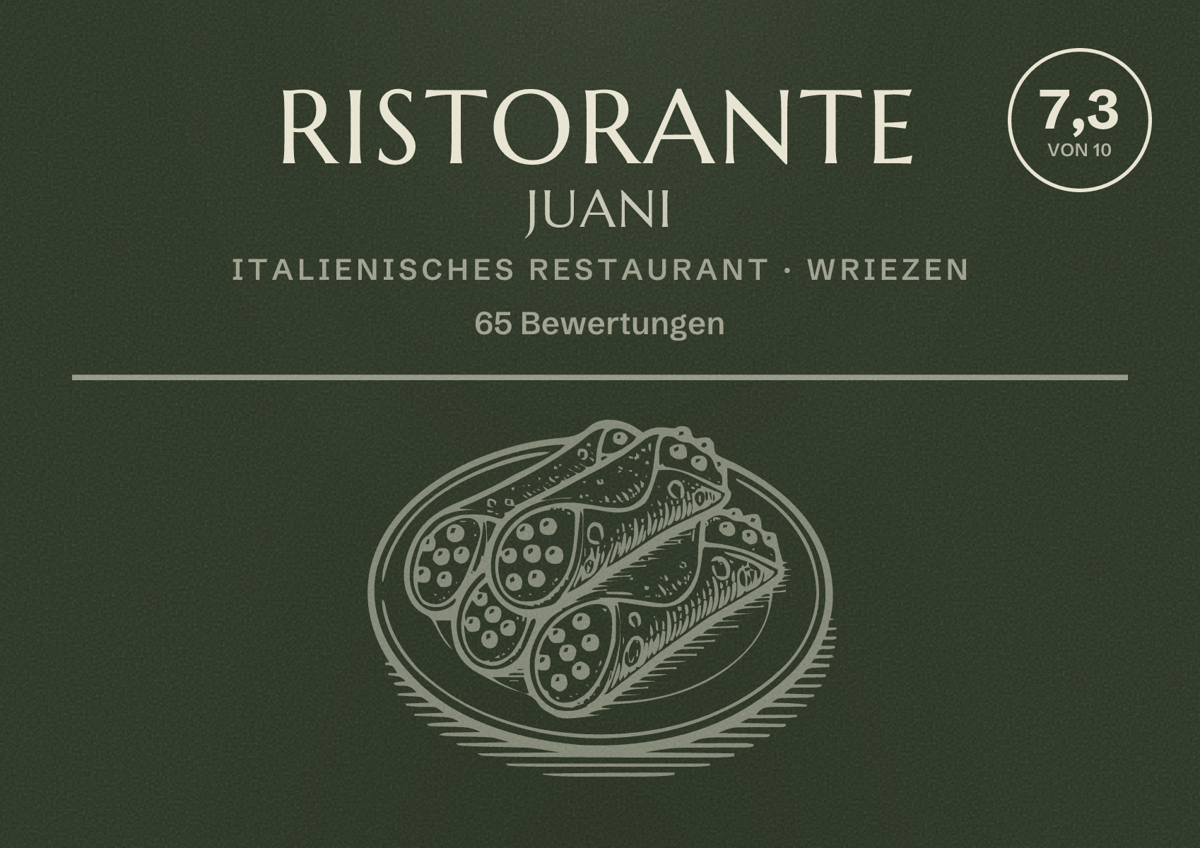 Illustriertes Poster von Ristorante Juani, Italienisches Restaurant in Wriezen: Bewertung 7,3 von 10 aus 65 Bewertungen