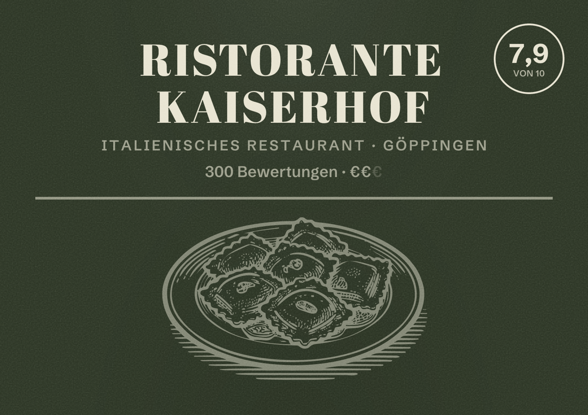 Illustriertes Poster von Ristorante Kaiserhof, Italienisches Restaurant in Göppingen: Bewertung 7,9 von 10 aus 300 Bewertungen, Preisniveau €€