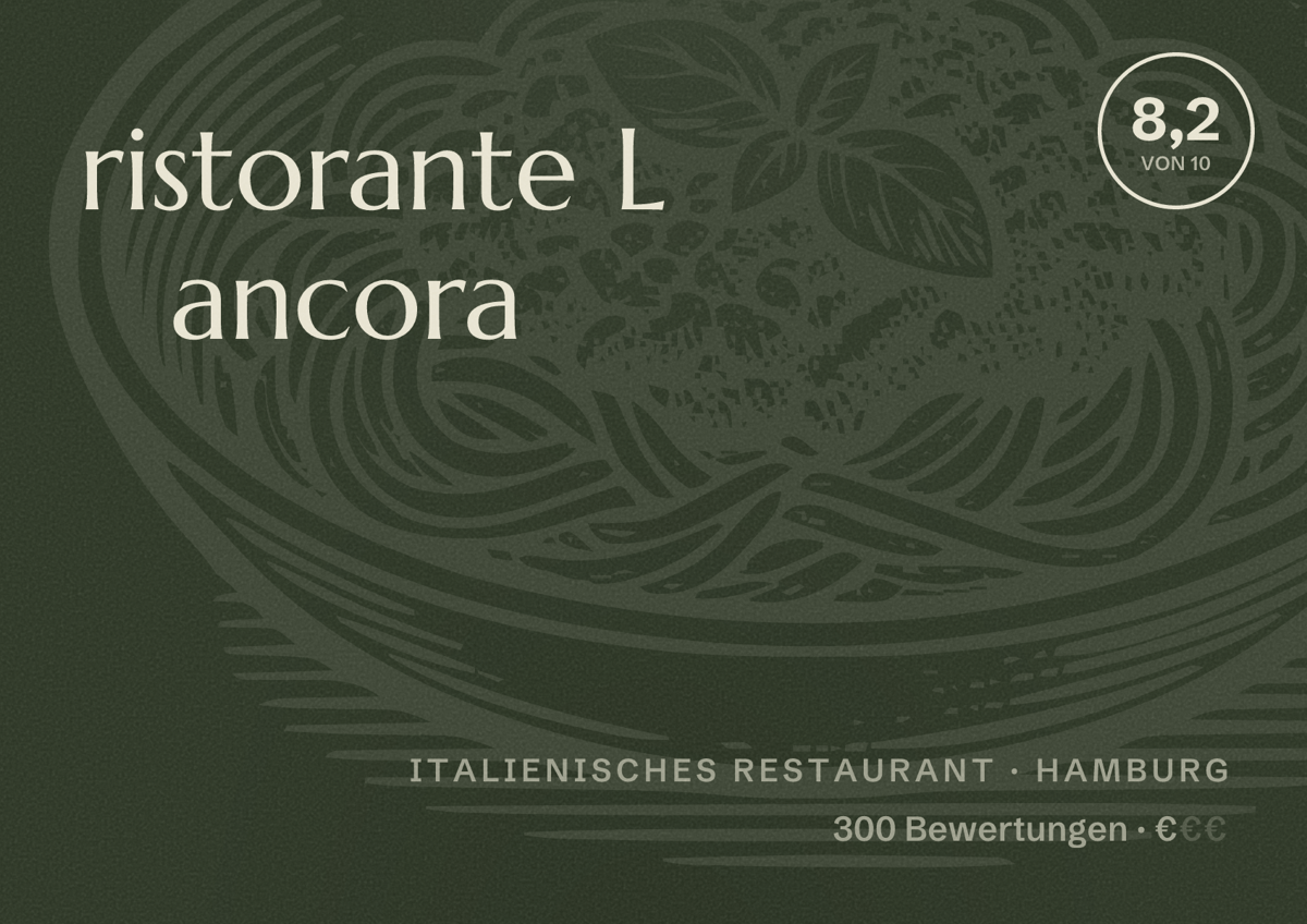 Illustriertes Poster von ristorante L ancora, Italienisches Restaurant in Hamburg: Bewertung 8,2 von 10 aus 300 Bewertungen, Preisniveau €