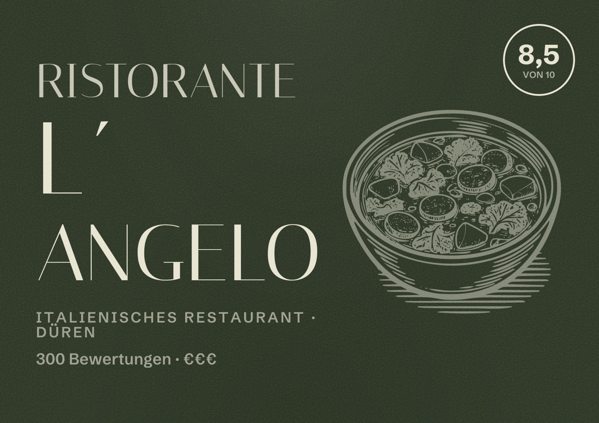 Illustriertes Poster von Ristorante L´ Angelo, Italienisches Restaurant in Düren: Bewertung 8,5 von 10 aus 300 Bewertungen, Preisniveau €€€
