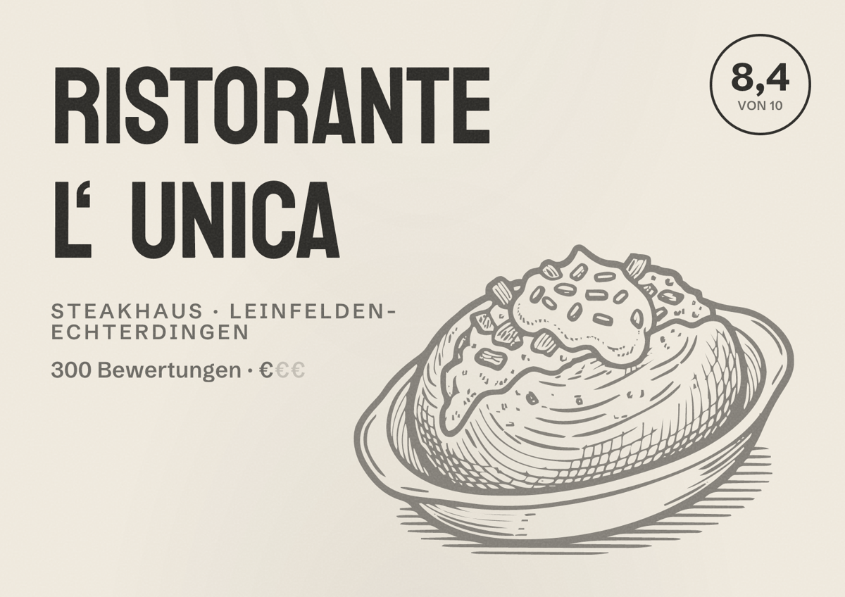 Illustriertes Poster von Ristorante L‘ Unica, Steakhaus in Leinfelden-Echterdingen: Bewertung 8,4 von 10 aus 300 Bewertungen, Preisniveau €