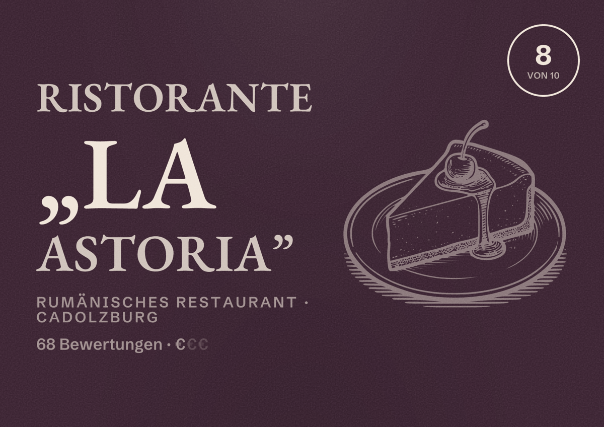 Illustriertes Poster von Ristorante „La Astoria”, Rumänisches Restaurant in Cadolzburg: Bewertung 8 von 10 aus 68 Bewertungen, Preisniveau €