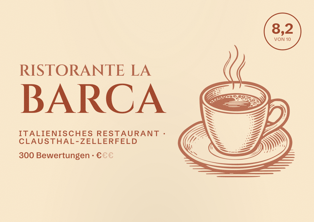 Illustriertes Poster von Ristorante La Barca, Italienisches Restaurant in Clausthal-Zellerfeld: Bewertung 8,2 von 10 aus 300 Bewertungen, Preisniveau €