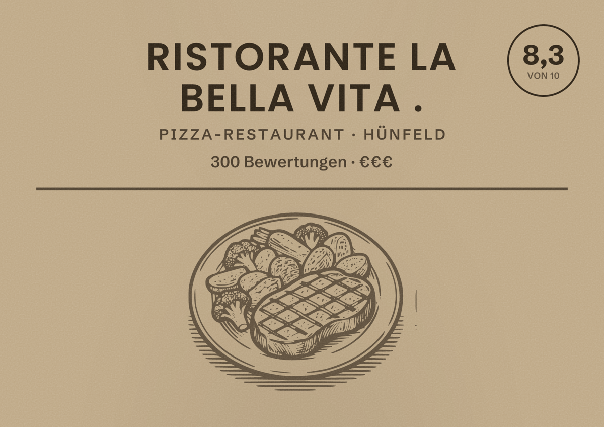 Illustriertes Poster von Ristorante La Bella Vita ., Pizza-Restaurant in Hünfeld: Bewertung 8,3 von 10 aus 300 Bewertungen, Preisniveau €€€