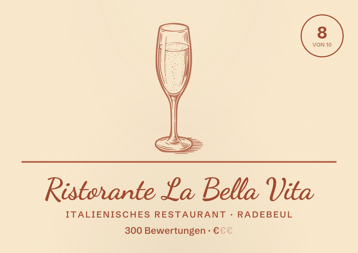 Illustriertes Poster von Ristorante La Bella Vita, Italienisches Restaurant in Radebeul: Bewertung 8 von 10 aus 300 Bewertungen, Preisniveau €
