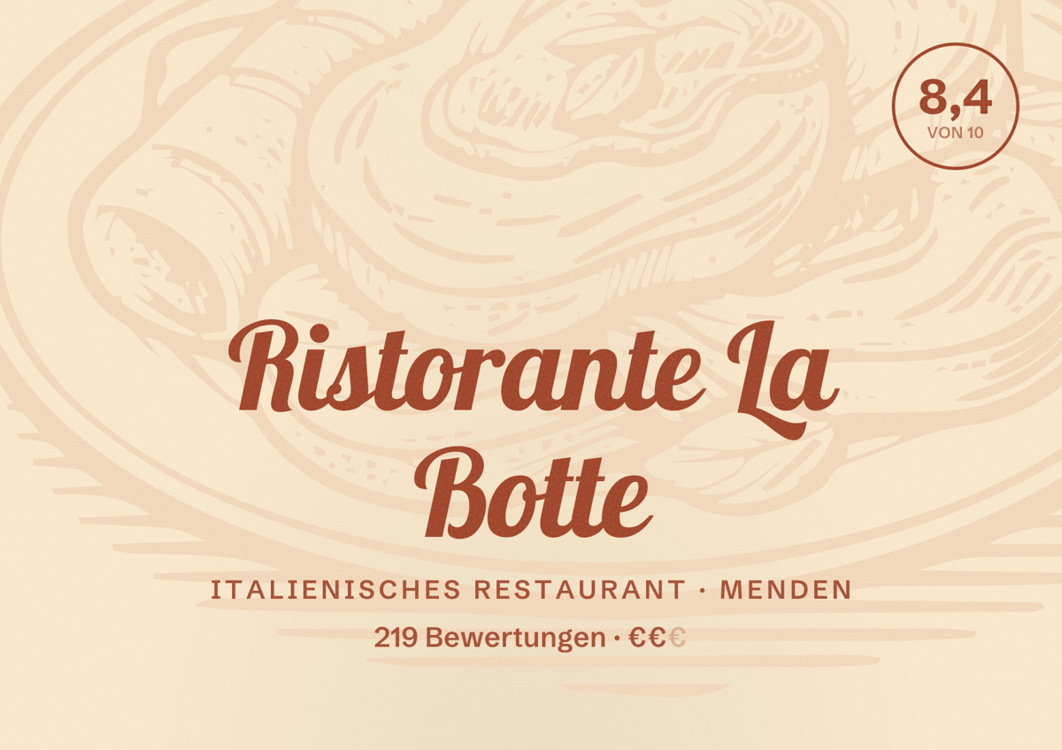 Illustriertes Poster von Ristorante La Botte, Italienisches Restaurant in Menden: Bewertung 8,4 von 10 aus 219 Bewertungen, Preisniveau €€
