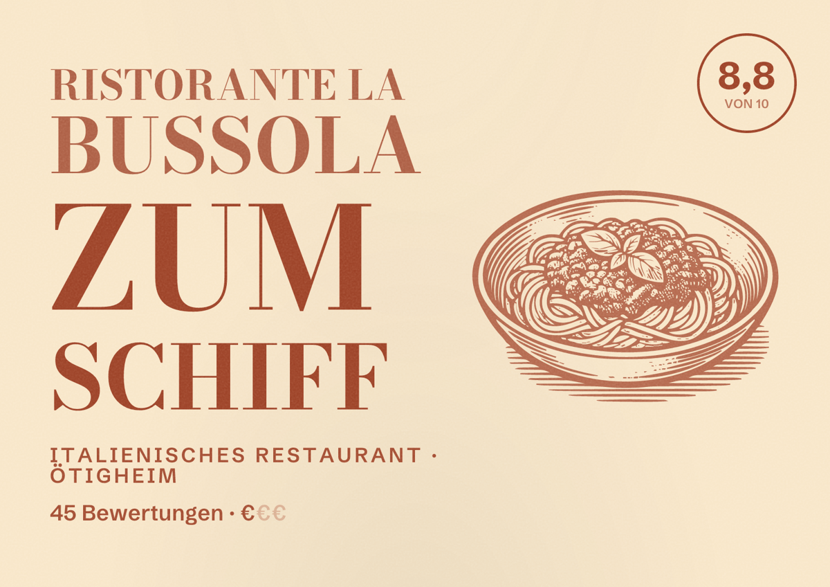 Illustriertes Poster von Ristorante la bussola zum Schiff, Italienisches Restaurant in Ötigheim: Bewertung 8,8 von 10 aus 45 Bewertungen, Preisniveau €