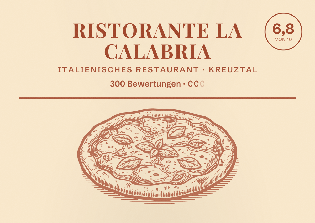 Illustriertes Poster von Ristorante La Calabria, Italienisches Restaurant in Kreuztal: Bewertung 6,8 von 10 aus 300 Bewertungen, Preisniveau €€