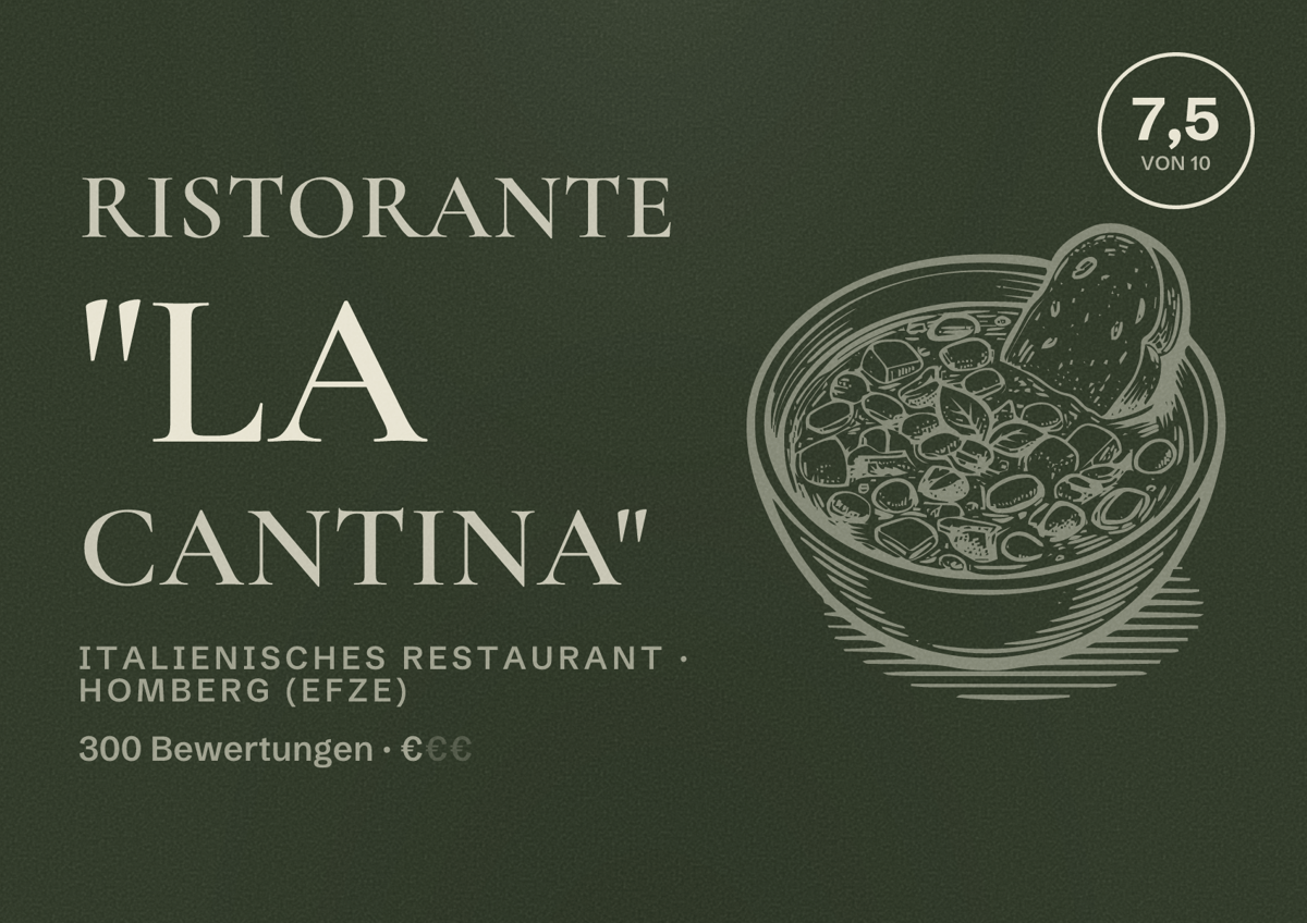 Illustriertes Poster von Ristorante "La Cantina", Italienisches Restaurant in Homberg (Efze): Bewertung 7,5 von 10 aus 300 Bewertungen, Preisniveau €
