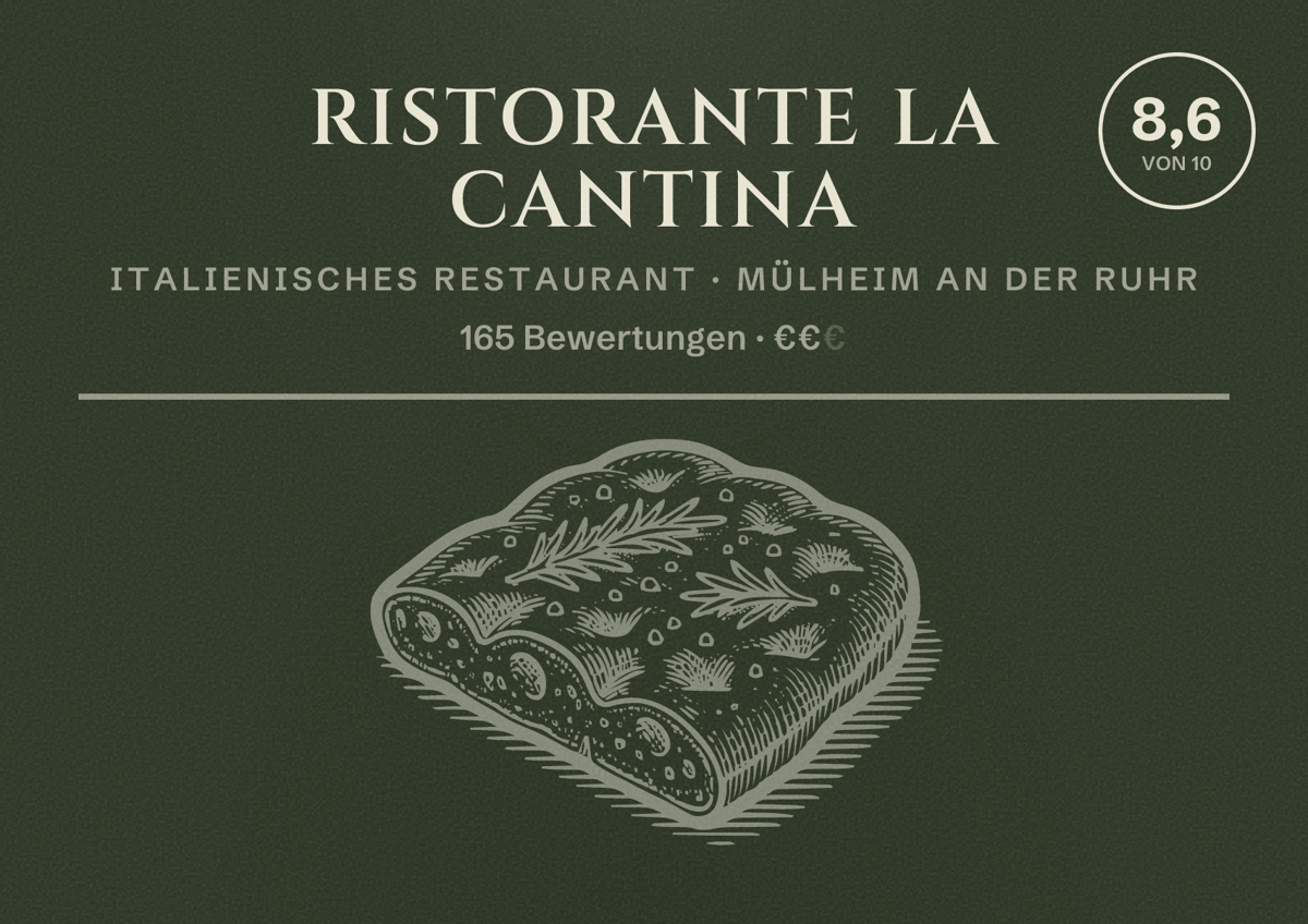 Illustriertes Poster von Ristorante La Cantina, Italienisches Restaurant in Mülheim an der Ruhr: Bewertung 8,6 von 10 aus 165 Bewertungen, Preisniveau €€