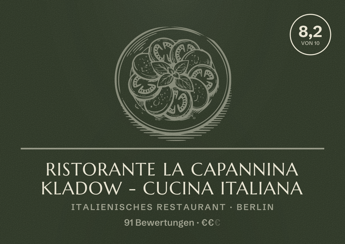 Illustriertes Poster von Ristorante La Capannina Kladow - Cucina Italiana, Italienisches Restaurant in Berlin: Bewertung 8,2 von 10 aus 91 Bewertungen, Preisniveau €€