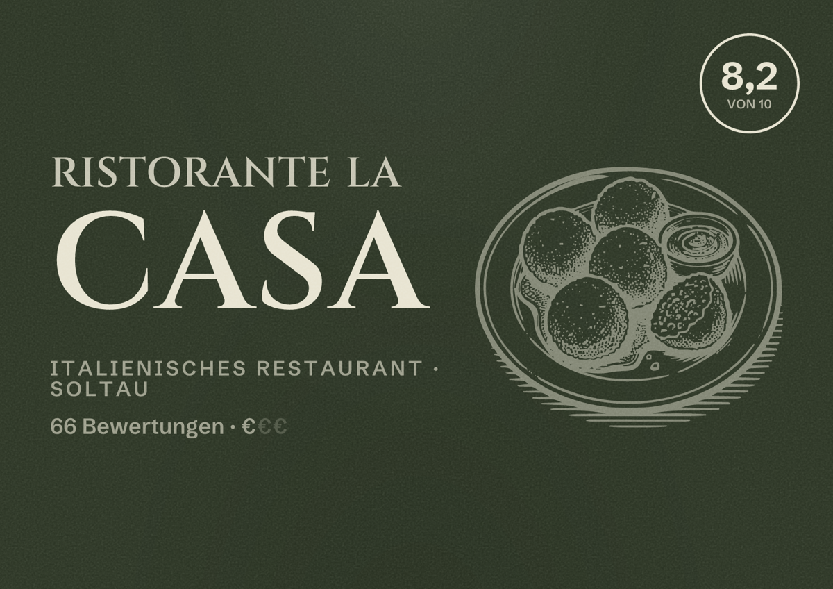 Illustriertes Poster von Ristorante La Casa, Italienisches Restaurant in Soltau: Bewertung 8,2 von 10 aus 66 Bewertungen, Preisniveau €