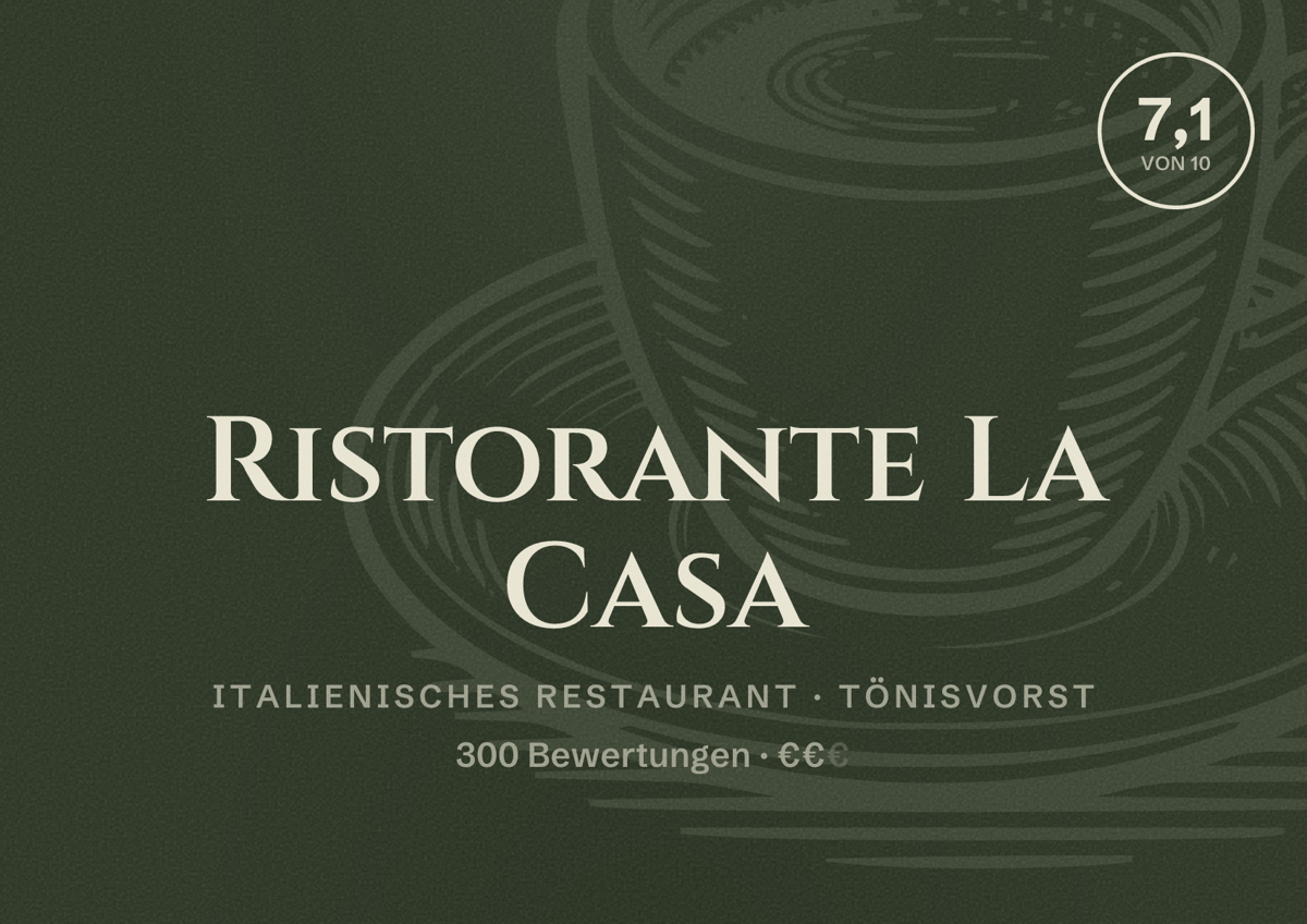 Illustriertes Poster von Ristorante La Casa, Italienisches Restaurant in Tönisvorst: Bewertung 7,1 von 10 aus 300 Bewertungen, Preisniveau €€