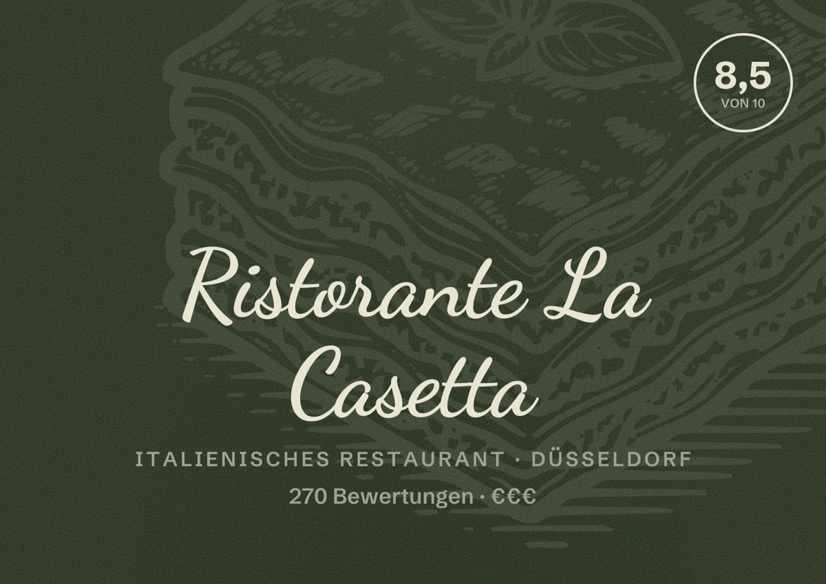 Illustriertes Poster von Ristorante La Casetta, Italienisches Restaurant in Düsseldorf: Bewertung 8,5 von 10 aus 270 Bewertungen, Preisniveau €€€