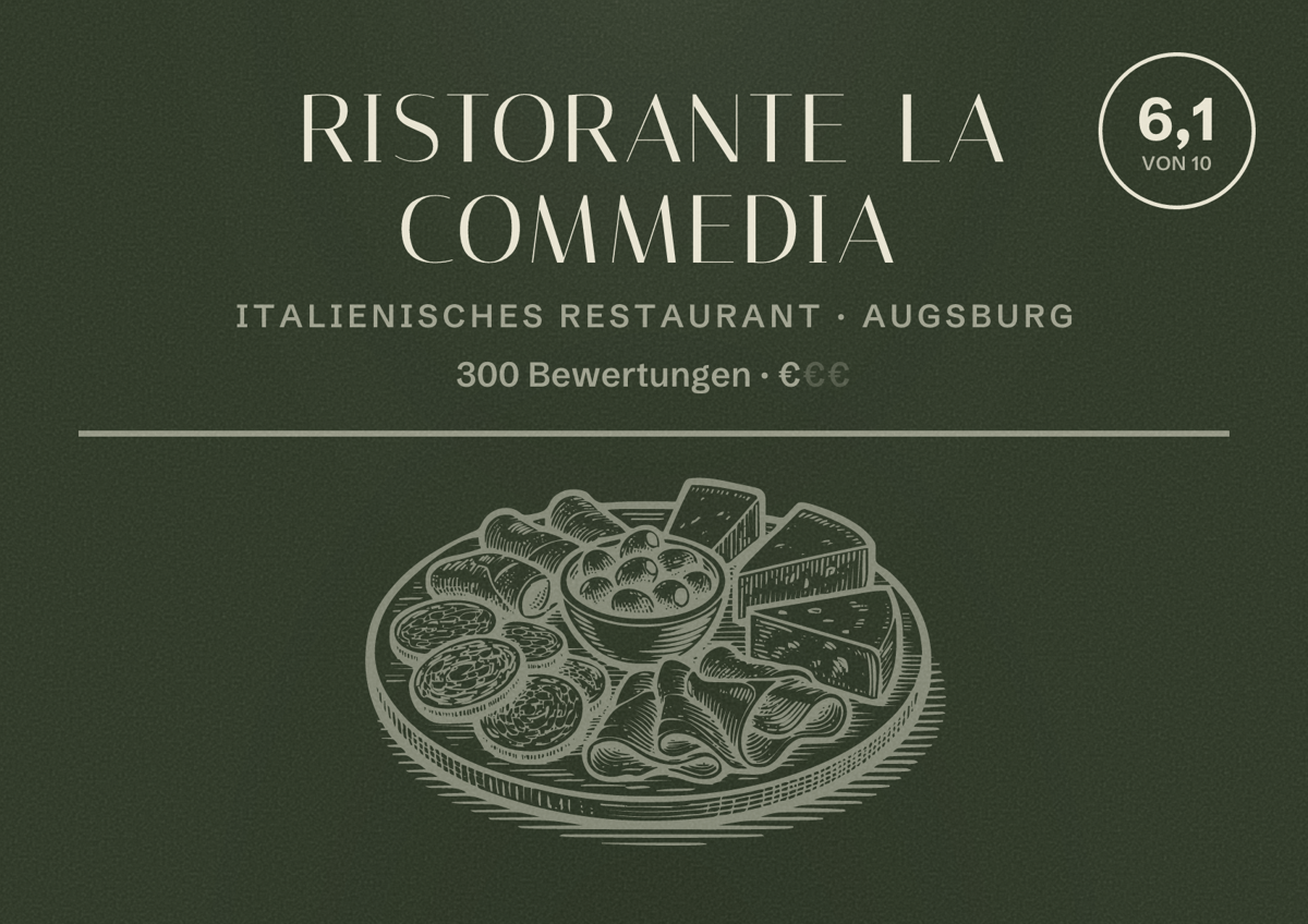 Illustriertes Poster von Ristorante La Commedia, Italienisches Restaurant in Augsburg: Bewertung 6,1 von 10 aus 300 Bewertungen, Preisniveau €