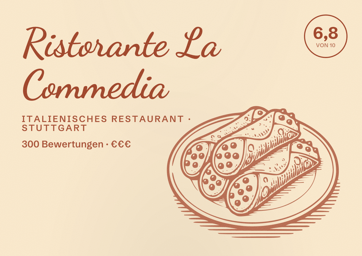 Illustriertes Poster von Ristorante La Commedia, Italienisches Restaurant in Stuttgart: Bewertung 6,8 von 10 aus 300 Bewertungen, Preisniveau €€€