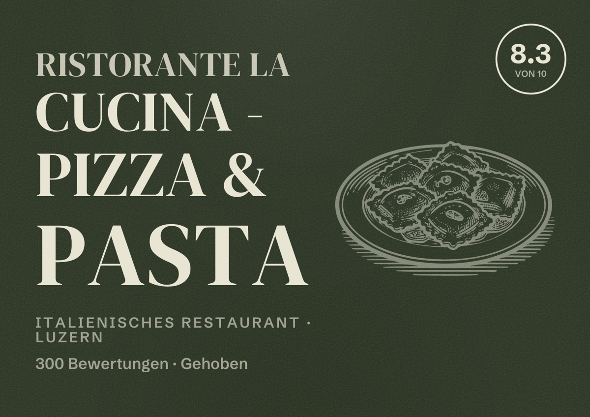 Illustriertes Poster von Ristorante La Cucina - Pizza & Pasta, Italienisches Restaurant in Luzern: Bewertung 8.3 von 10 aus 300 Bewertungen, Preisniveau Gehoben