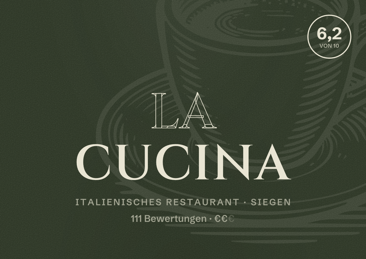 Illustriertes Poster von La Cucina, Italienisches Restaurant in Siegen: Bewertung 6,2 von 10 aus 111 Bewertungen, Preisniveau €€